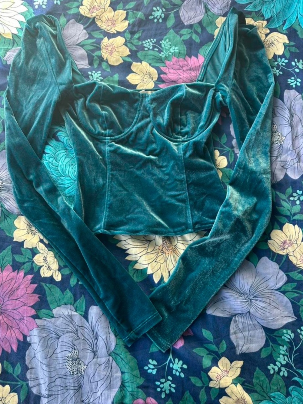 Bar III Teal Velvet Long-Sleeve Bustier Crop Top